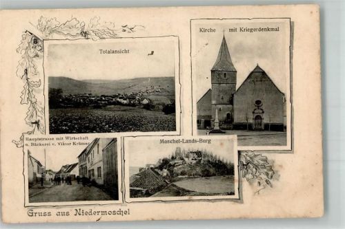 Niedermoschel 1911 Kirche Kriegerdenkmal Gasthaus-Bäckerei Krämer Moschel-Lands-Burg
