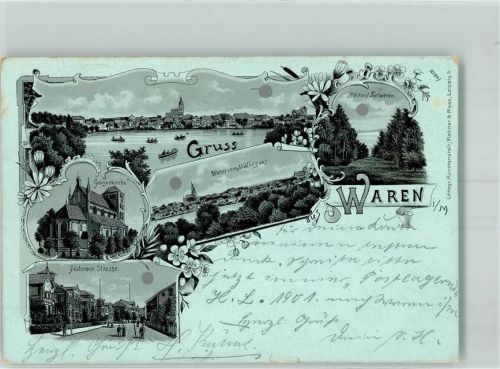Waren 1901 Güstrower-Straße Georgenkirche Bahnpost Neustrelitz- Zg. 232