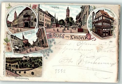 Einbeck 1897 Marktplatz Renserstraße Hotel Goldener Löwe Waldschlößchen Bahnpost Zug 390 Lithographie