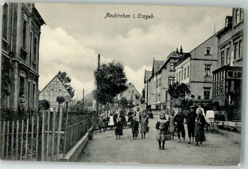 Neukirchen 1906 Ortsstraße Kinder Kinderwagen