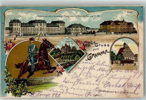 Grimma 1911 Kaserne des Husaren Regiments Königin Karola Nr 19 Gattersburg Rathaus Soldat Kavallerie