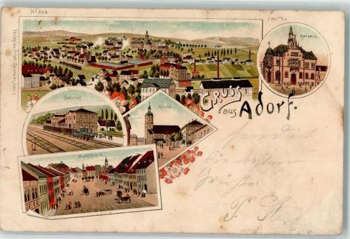 08626 O9930 Adorf , Vogtl 1898 Lithographie Rathaus Marktplatz Bahnhof Kirche