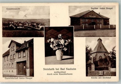 Steinfurth WK II Gasthaus zum Bahnhof Saalbau Blumenvase mit Rosen Kirche Denkmal