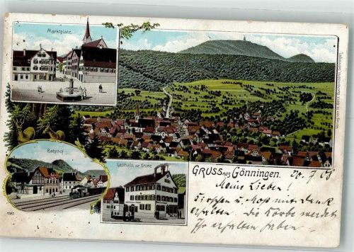 72760 W7410 Gönningen , Kr Reutlingen 1908 Lithographie Marktplatz Bahnhof Gasthaus zur Krone