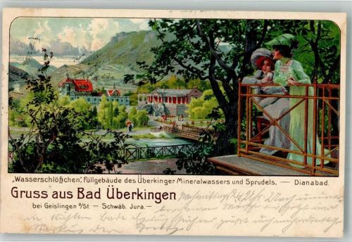 73337 W7347 Bad Überkingen 1906 Lithographie Bahnpost K. Württ. 14.V.06 2545 10 Dianabad Wasserschlößchen