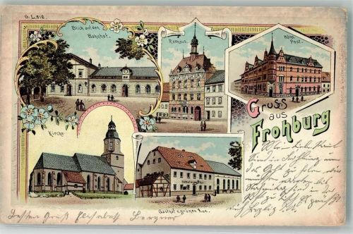 Frohburg 1901 Bahnhof Rathaus Hotel Post Kirche Gasthaus z. grünen Aue