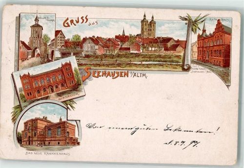 39615 O3550 Seehausen Altmark 1897 Lithographie Neues Krankenhaus Gymnasium Beusterturm Rathaus