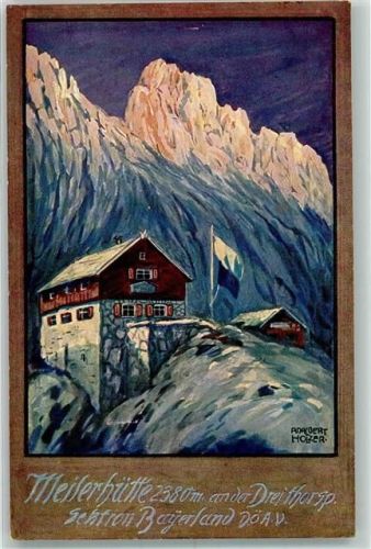 Meilerhütte 1918 sign. Holzer, Adalbert Meilerhütte an der Dreithorspitze Hüttenstempel Feldpost WK I Seeshaupt