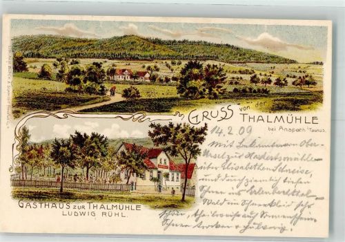 61267 W6392 Anspach , Taunus 1909 Lithographie Gasthaus zur Thalmühle