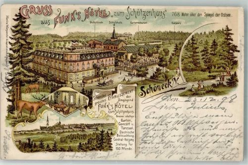 Schöneck 1898 Hotel Funke zum Schützenhaus Hirsch Stallgebäude Schiefshalle Bahnpost Chemnitz-Adorf Zg. 1776