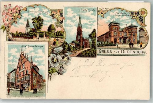 Oldenburg 1904 Lithographie Getrudenkirchhof Kath. Kirche Turnhalle Haus Anton Günther Bahnpost Bremen Zug 6 Einriß