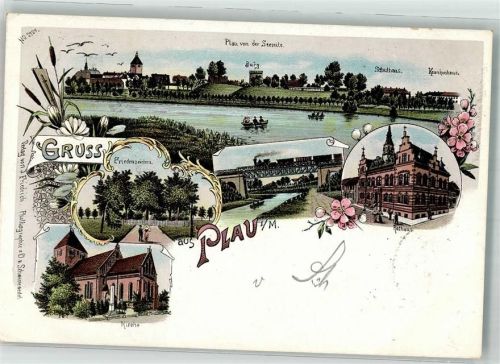 Plau 1898 Schule Krankenhaus Friedenseichen Eisenbahnbrücke Rathaus