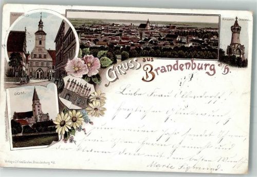 Brandenburg 1895 Verläufer Druck um 1890 Kriegerdenkmal Rathaus Dom Stadtwappen