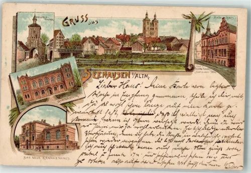 39615 O3550 Seehausen Altmark 1898 Lithographie Vorläufer Gymnasium Neues Krankenhaus Deusterturm Rathaus
