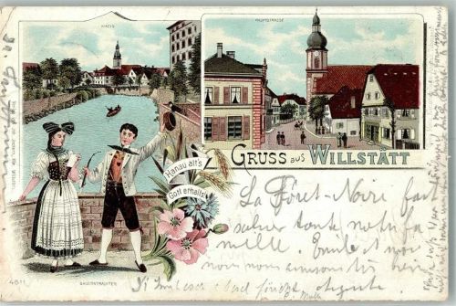 Willstätt 1897 Lithographie Kinzig Hauptstaße Bauerntrachten Stauchung