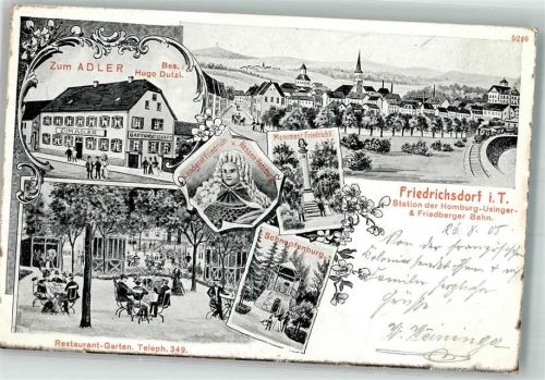 Friedrichsdorf 1905 Landgraf Friedrich Monument Friedrich II Gasthaus zum Adler Gartenwirtschaft Schnepfenburg Bahnpost Friedberg -Homburg Zg. 915