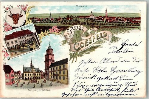 48653 W4420 Coesfeld 1897 Lithographie Ochsenkopf Marktplatz Rathaus Gymnasium seltene Lithographie