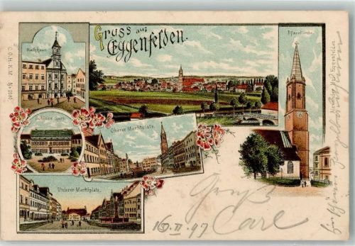 Eggenfelden 1897 Lithographie Rathaus Unterer Marktplatz Schloß Gern Oberer Marktplatz