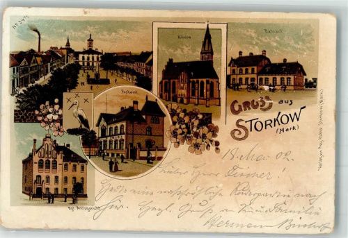 Storkow 1902 Lithographie Stadtwappen Kgl. Amtsgericht Postamt Kirche Bahnhof Marktplatz