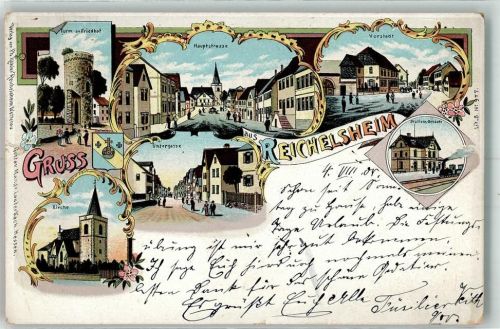 Reichelsheim 1908 Untergasse Friedhofturm Hauptstraße Vorstadt Lithographie