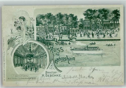 10115 O1190 Niederschöneweide 1901 Lithographie Etablissement Neptunshain Ballsaal Engelputo Ausflugsdampfer