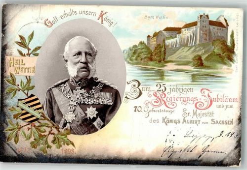 1898 König Albert in Uniform , 25 jähr. Regierungs-Jubiläum + 70. Geburtstag , Burg Wettin Wappen
