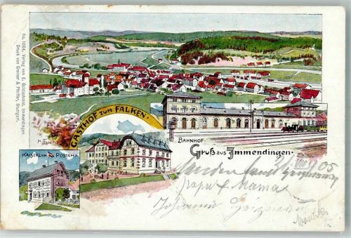 Immendingen 1905 Lithographie Gasthaus zum Falken Kaiserl. Postamt Bahnhof