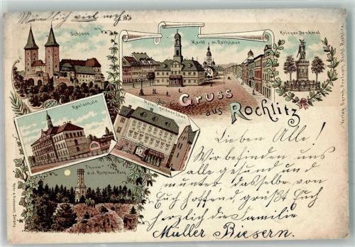 Rochlitz 1899 Schloss Marktplatz Rathaus Hotel goldener Löwe Realschule
