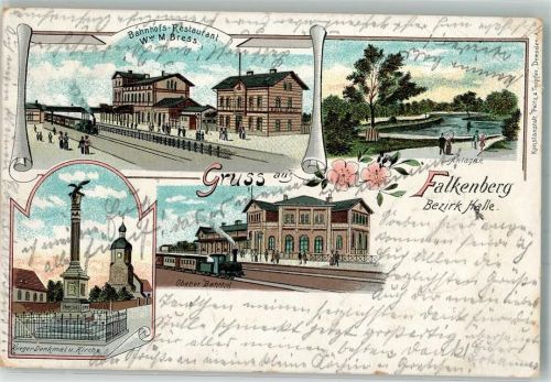 Falkenberg 1899 Lithographie Krieger-Denkmal Bahnhof Bahnhofsgasthaus Anlagen