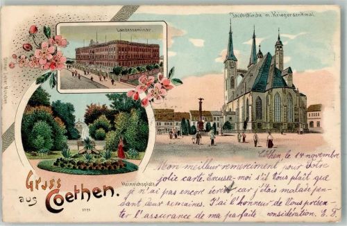 16259 O1311 Cöthen 1899 Gebrauchsspuren Lithographie Landesseminar Jacobskirche Kriegerdenkmal Heinrichsplatz