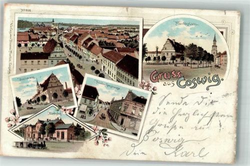 Coswig 1897 Lithographie Friederikenstrasse Bahnhof Breiterweg Marktplatz