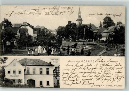 Gössitz 1906 Gasthaus Götze Dorfstraße Kinder Gänse Kirchturm