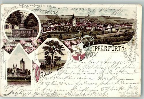 Wipperfürth 1898 Lithographie Stadtwappen Pfarrkirche Marktbrunnen Lindenstump