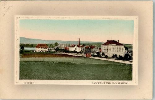 Mügeln 1914 Gasanstalt und Glockenturm Passepartout