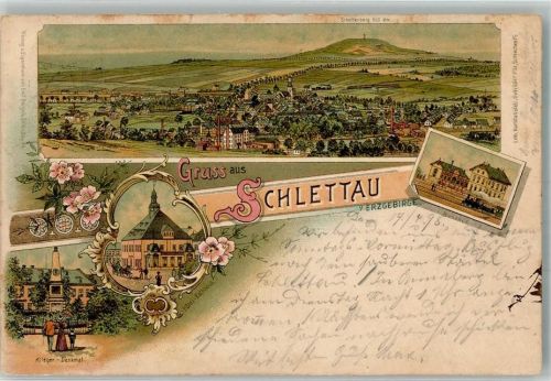 Schlettau 1898 Kriegerdenkmal Hotel-Rathaus Bahnhof Erzgebirge
