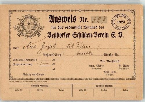 Betzdorf 1923 Ausweis Nr. 327 für das ordentliche Mitglied Ephemera