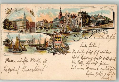 Emden 1896 Post Rathaus Heringsfischerei Fischerboote Bahnhof Wappen