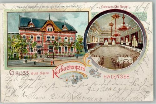 Halensee 1904 Lithographie Gasthaus Kurfürstenpark Festsaal