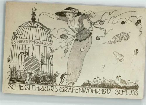 Grafenwöhr 1912 Photo Hans Spahn Schiesslehrkurs Soldaten im Vogelkäfig Frau mit Herzen an der Leine