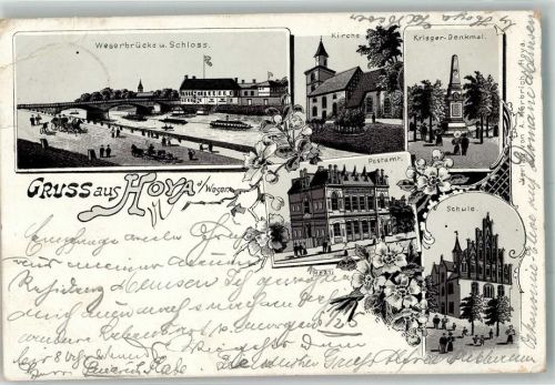 Hoya 1902 Lithographie Weserbrücke Kriegerdenkmal Postamt Schule