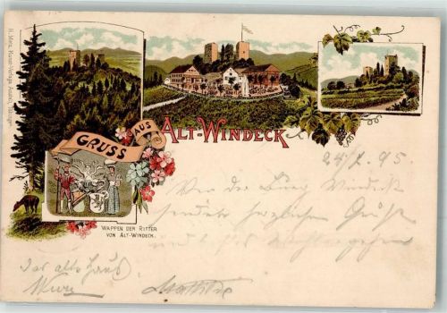 Bühl 1895 Verläufer Druck 1890 - 95 Burg Windeck Wappen der Ritter von Alt-Windeck