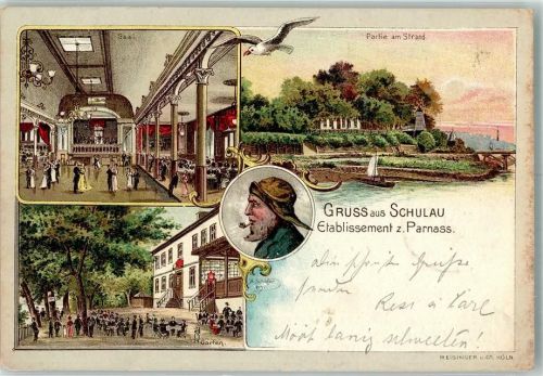 Schulau 1902 Lithograpie Gasthaus Etablissement z. Parnass Garten Saal Fischer Möwe