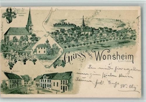 Wonsheim 1902 Ev. Kirche Rathaus Gasthaus Zum Ochsen Geschäft A. Hahn Lithographie