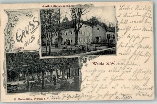 Weida 1904 Gasthaus Steinschänke Gartenwirtschaft Bahnpost Leipzig-Hof Zug 111