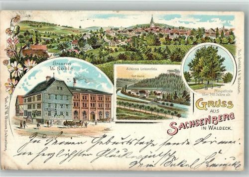 35104 W3540 Sachsenberg , Waldeck 1901 BOAKC Lithographie Brauerei W. Böhle Schloss Lichtenfels Gut Sand Pfingstlinde