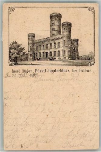 Putbus 1888 Gebrauchsspuren Scan genau beachten! Fürstl. Jagdschloss Insel Rügen Lithographie