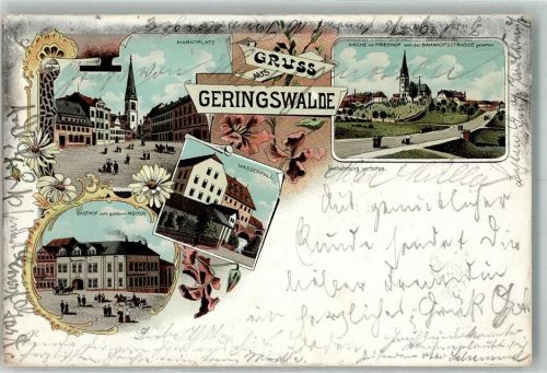 Geringswalde 1900 Marktplatz Gasthaus zum goldenen Reiter Wasserfall