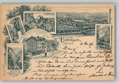 Ühlingen 1897 Vorläufer Druck um 1890 Gasthaus zum Posthorn Postkutsche Falkenstein Schwedenfelsen