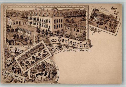 Herlagrün Lithographie Druck um 1890 Gasthaus Herlagrün Gondelteich Taufstein Forsthaus