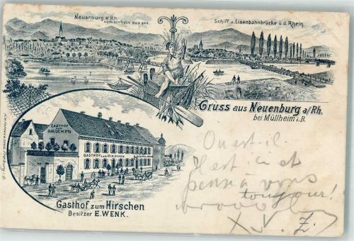 Neuenburg 1902 Verläufer Druck um 1890 Schiff- und Eisenbahnbrücke Gasthaus zum Hirschen Fischer